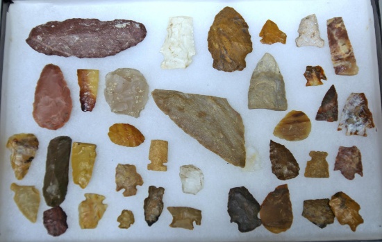 Riker Shadow Box with Prehistoric Native American Indian Broken Arrowheads, Knives, and Tools...