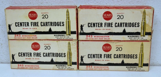 3 Full Boxes and 1 Partial Box 15 Sears .243 Winchester 100 gr. SP Cartridges Ammunition...