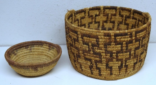 Two Navajo Native American Indian Woven Baskets - 9" W x 6" Tall w/Damage Around the Top Rim and 5