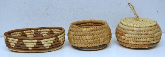 Three Native American Indian Hopi Woven Baskets, 4 1/2" x 3", 5" x... 2 3/4" with Lid, Oval 5" x... 