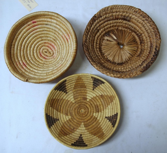 Three Native American Indian Hopi Woven Baskets - 7 1/4" x 3", 7 1/2" x 2", 8" x 3", 1 From the