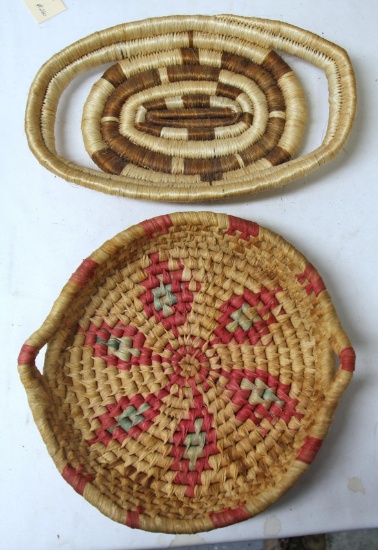 Native American Indian Hopi Woven Ear Basket 10 1/2" x 2" and Hopi Coiled Woven Tray 12 1/2" x 8"...