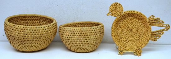 Two Native American Indian Pomo Woven Baskets - 8" x 6" and 7" x 4 1/2" and Pomo Chicken Basket...