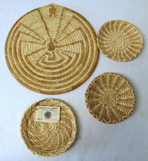 Three Small Native American Indian Papago Woven Baskets (2) 5" Wide, 6" Wide and a 10 1/2" Papago