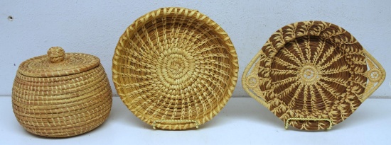Native American Indian Papago Woven Basket with Lid 6" x 6" and Two Papago Woven Trays 9 /4"