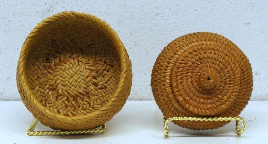 Two Native American Indian Woven Baskets - Tarahumara...4" x 2 1/2" and Small Lidded 4" x 3"...