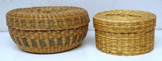 Two Nez Perce Native American Indian Woven Baskets with Lid - 4" x 2" and 6 1/2" x 3"...