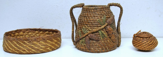 Three Native American Indian Woven Baskets, 6" x 7 1/2" Pine Needle, 6" x 5 1/2" Pine Cone, 3" x 2"