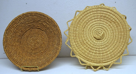 Two Native American Indian 10" x 3" Woven Baskets, Papago with Lid and Yokuts...