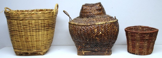 Three Native American Indian Woven Baskets - Painted Brown with Lid 12" x 12", Bail Handles with one