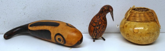 Native American Indian Northwest Pacific Tribe Carved Gourd Whale 12", Bird 7", and Gourd Basket...