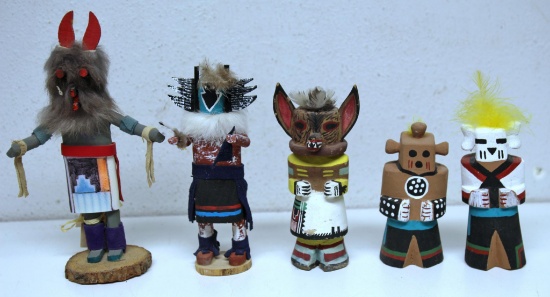Five Small Native American Indian Kachina Dolls, 5" to 8 1/2" Tall...