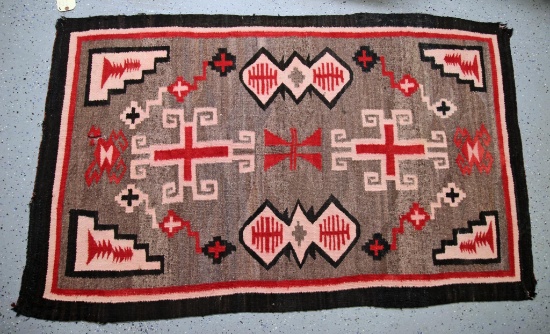 Native American Indian Navajo Woven Rug, Storm Pattern, Circa 1940's, 62" x 32", One Hole & Frayed