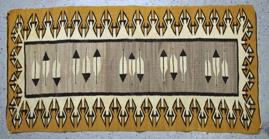 Native American Indian Navajo Feather Design Woven Rug, Circa 1920's, 50" x 38"...
