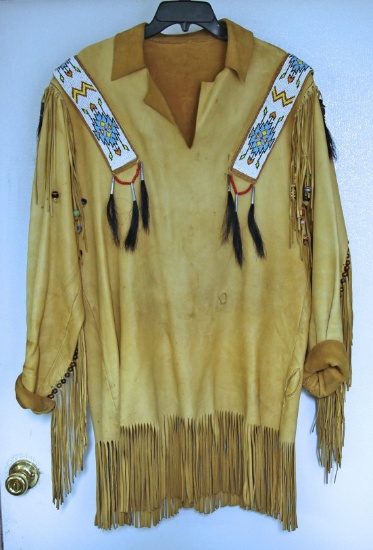 Modern Native American Indian Beaded Leather Fringe Shirt, Very Soft Supple Leather - Elk???,