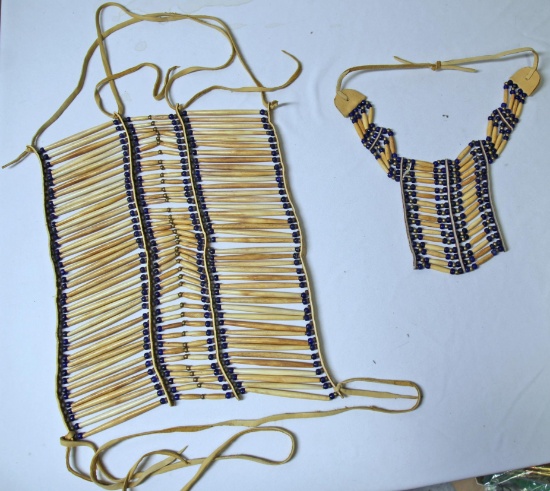 Two Native American Indian Chippewa Made Real Bone Bear Pipe Breastplates, Matching Pair Made by the