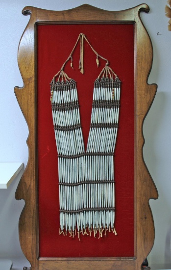 Very Fine 1890's Native American Indian Women's Bone Hair Pipe Collar, 32" Long, Mounted in Walnut