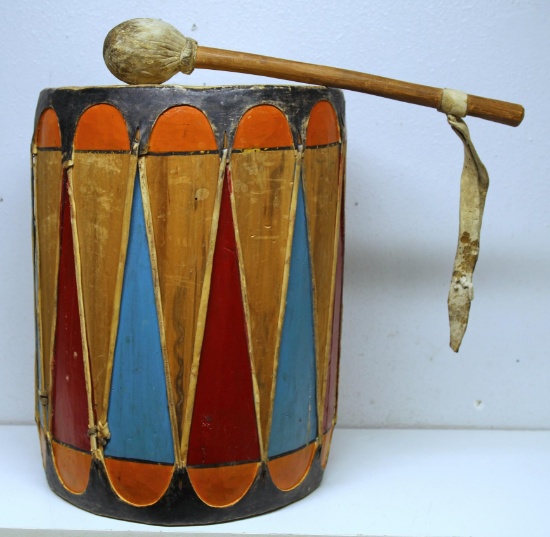 Contemporary Native American Indian Painted Drum with One Beater, 16" x 10"...