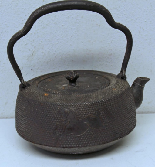 ...Old Cast Iron Tea Kettle with Embossed Horses...