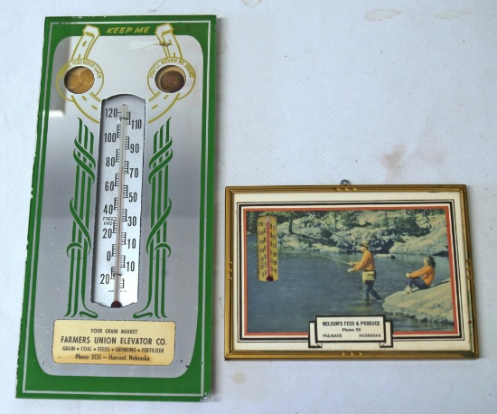 Two Old Advertising Thermometers - Farmer's Union Elevator Co. Harvard, Nebraska and Nelson's Feed