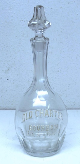 Antique Glass Bar Bottle "Old Charter Bourbon", Cut Glass Stopper, 11 1/2" with Stopper...