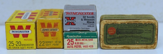 Mixed Lot of Partial Boxes Cartridges Ammunition - Box of 19 Winchester .25-20 Win. 86 gr. SP, Box