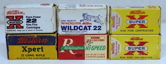 ...6 Partial Vintage Boxes .22 Cartridges Ammunition - 40 Western Xpert .22 LR, 35 Remington Hi-Spee