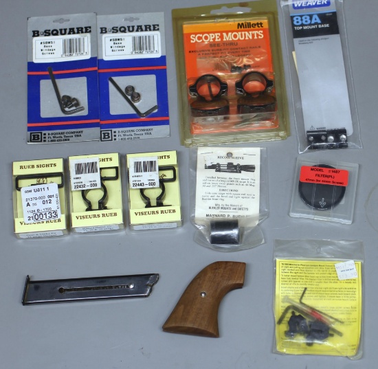 Large Mixed Box Lot Firearm Acc. - Millett...See-Thru Scope Mounts, 3 Different Shotgun Rueb Sights,