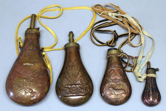 ... Four Contemporary Powder Flasks - 1 Missing Spout...