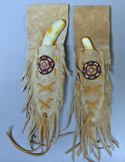 ...Pair of Contemporary Bone Handle Napped Stone Blade Knives with Beaded Leather Sheaths, 1 is 7 /2