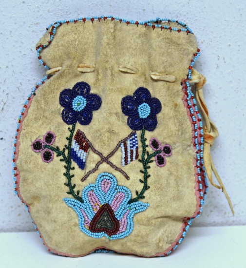 Native American Indian Cree Beaded Tobacco Bag, 6" x 8", Age Unknown...