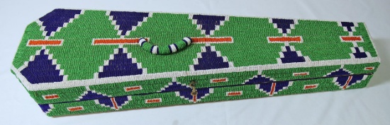 Old Native American Indian Fully Beaded Violin Case, Written with Beadwork on the Bottom "R H