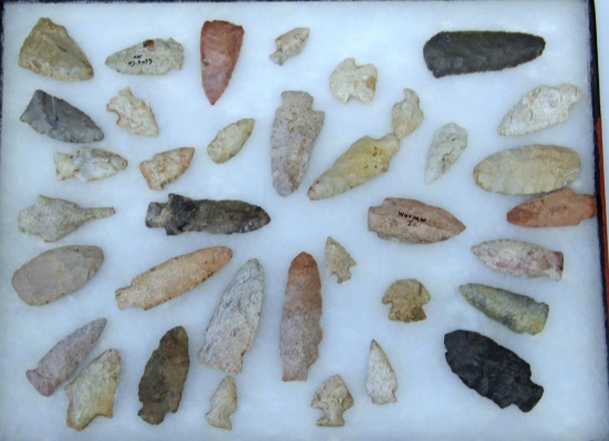 Native American Indian Arrowheads, Knives, Tools in 16" x 12" Riker Frame, Mostly from Missouri...