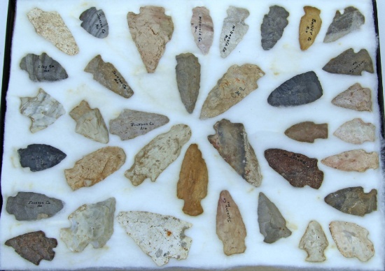 Native American Indian Arrowheads, Knives, Mostly from Missouri in 16" x 12" Riker Frame