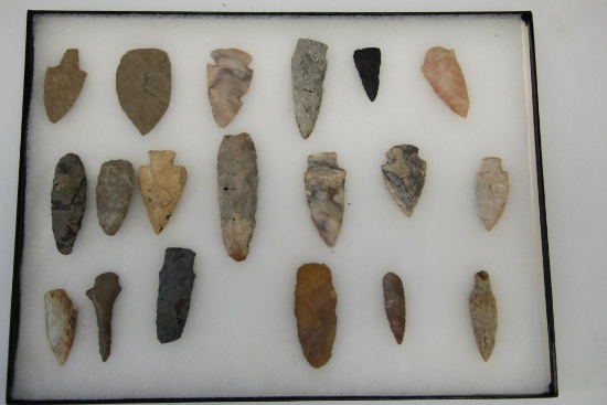 Native American Indian Arrowheads, Knives, Drill, Tools Mostly from Missouri in 16" x 12" Riker