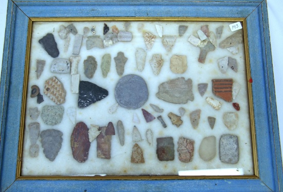 Native American Indian Arrowheads, Points, Knives, Beads, Tools Mostly from Missouri in Wooden Frame