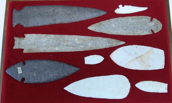 Wooden Showcase with Reproduction Native American Indian Points and Knives, Largest Point is 11