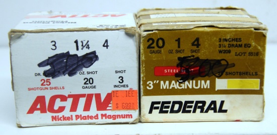 Mixed Lot 20 Ga. Shotgun Shells Ammunition includes 58 Loose Mixed Rounds, Full Box Federal 3" Mag.
