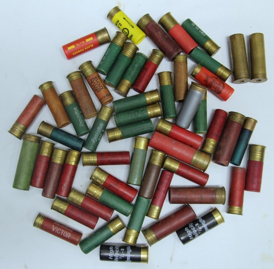 54 Mixed Old Shotgun Shells Ammunition, Mostly Paper, Includes 2 Empty Brass Winchester Shells...