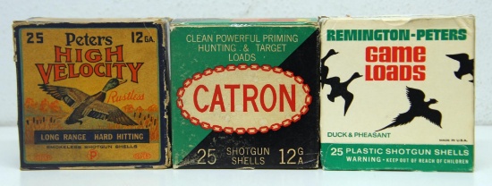 3 Different Full Vintage Boxes 12 Ga. 2 3/4" Shotgun Shells Ammunition - Peters Catron...and