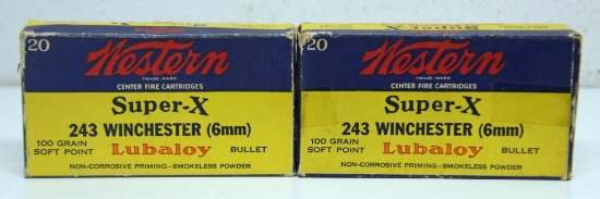 2 Full Vintage Boxes Western Super-X .243 Winchester 100 gr. SP Cartridges - One Box has Tape...