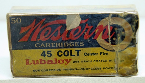 Full Vintage Box Western .45 Colt 255 gr. Cartridges Ammunition - Box has Damage and Missing End
