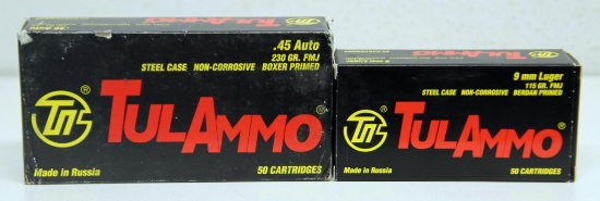 Full Box TUL Ammo 9 mm Luger 115 gr. FMJ and Full Box TUL Ammo .45 Auto 230 gr. FMJ Cartridges