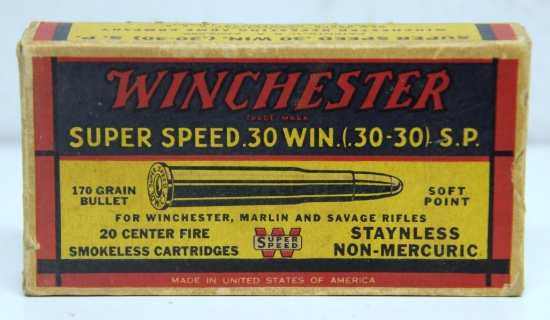 Full Vintage Box Winchester Super Speed .30-30 Win. 170 gr. SP Cartridges Ammunition...