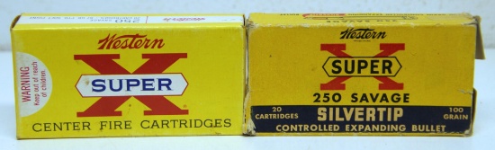 2 Different Full Vintage Boxes Western Super X .250 Savage Cartridges Ammunition - 100 gr. and 87