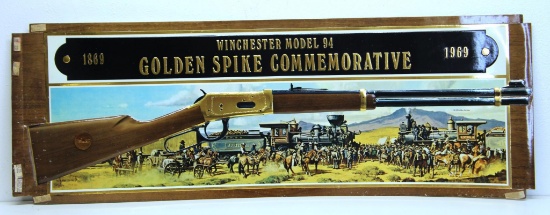 Winchester Dealer Advertising Sign 1969 Winchester Model 94 Golden Spike Commemorative Rifle,