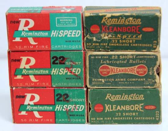 Mix of 6 Full Vintage Boxes Remington .22 Short Cartridges Ammunition - Dog Bone Box Missing Both