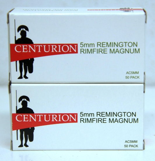 2 Full Boxes Centurion 5 mm Remington...Rim Fire Magnum 30 gr. Hollow Point Cartridges Ammunition...