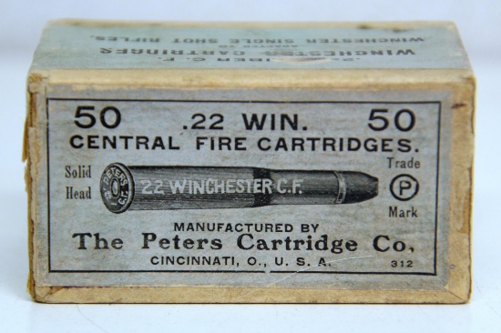 Full Vintage Sealed Two Piece Box Peters .22 Cal. Winchester Central Fire Cartridges Ammunition for