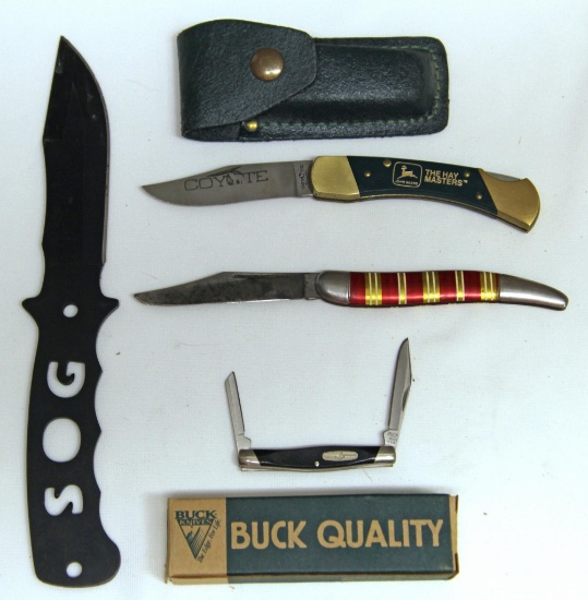 4 Different Knives - SOG Cut-Out Knife 10" Overall, Coyote John Deere Advertising Folding Knife